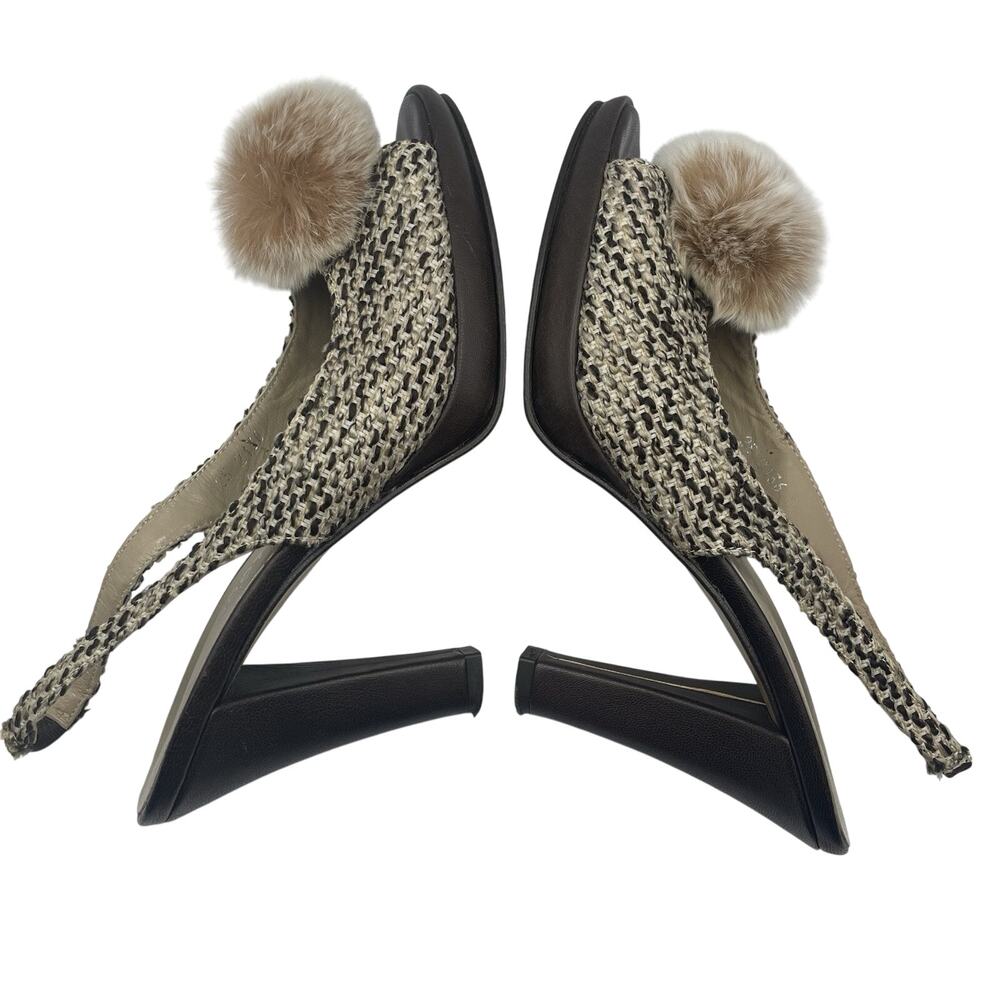 VIA CONDOTTI Size 6.5 Slingback High Heels Brown Tweed Fabric Upper Leather Sole - Picture 4 of 8